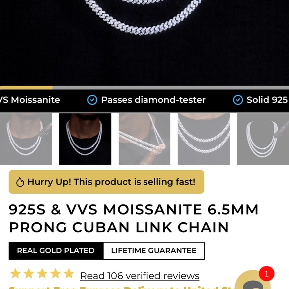 20” 925S & VVS MOISSANITE 6.5MM PRONG mini CUBAN LINK CHAIN - Picture 4 of 6